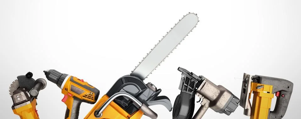 Construction background with tools 3d render on white no shadow Illustrazione stock