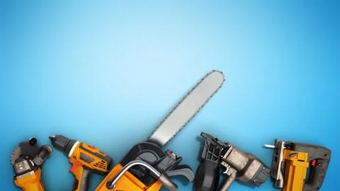 Construction background with tools 3d render on blue Stock Illustration