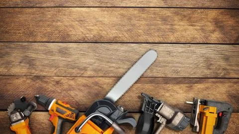 Construction background with tools 3d render on wood flor Illustrazione stock