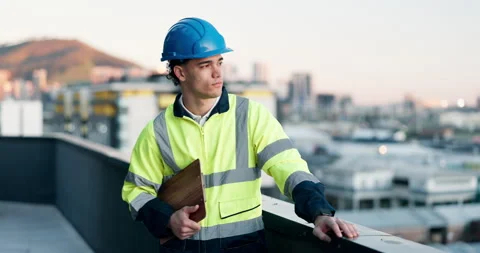 Construction, balcony and man with clipboard for planning, expansion project and Stock Footage 340009298