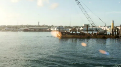 Construction Barge in Harbor Stock Footage