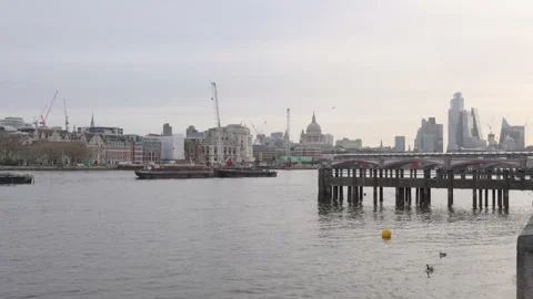 Construction barge passing under london bridge Stock Footage 289014132