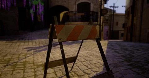 Construction barrier blocking cobblestone street in an old town at dusk Stock Illustration