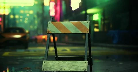 Construction barrier blocking a deserted urban street at night in neon light Stock Illustration