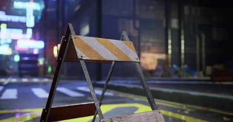 Construction barrier denotes ongoing road work in busy urban area at night Stock Illustration