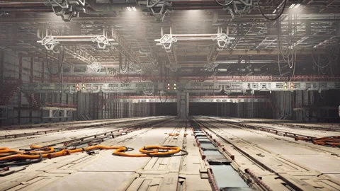 Construction bay featuring exposed pipes and suspended girders and crates Stock Footage 327859863