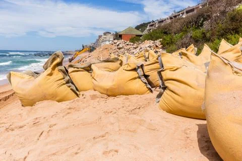 Construction Beach Ocean Erosion Repairs Sandbags Stock Photos