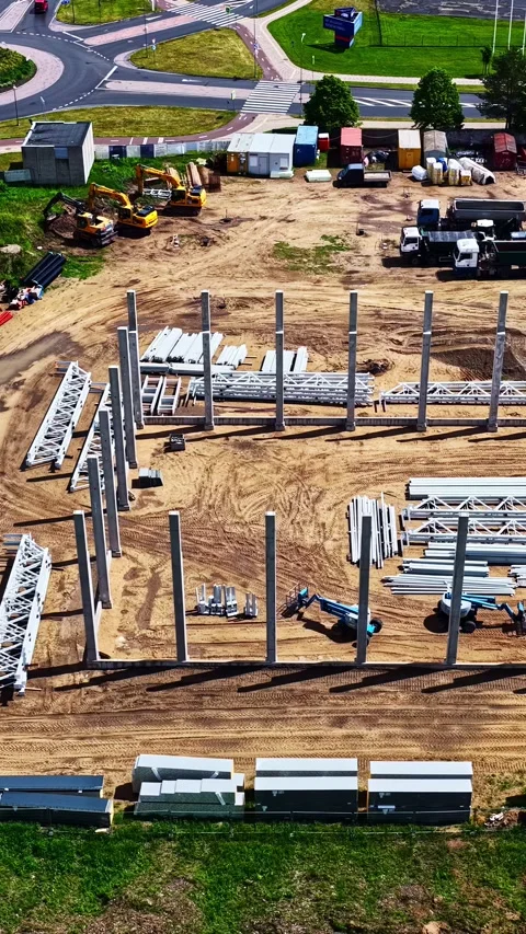 Construction Beams and Columns for Large Data Center Building Stock Footage 337387174