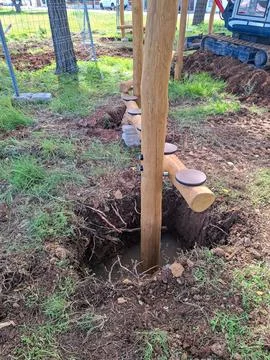 Construction begins on children's playground using eco friendly materials i.. Foto stock