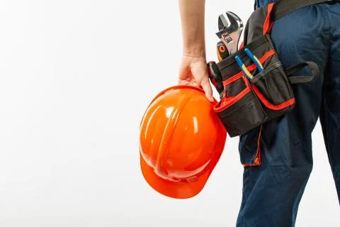 Construction belt on a man with diary notebook a pen tool belt builder patter Stock Photos