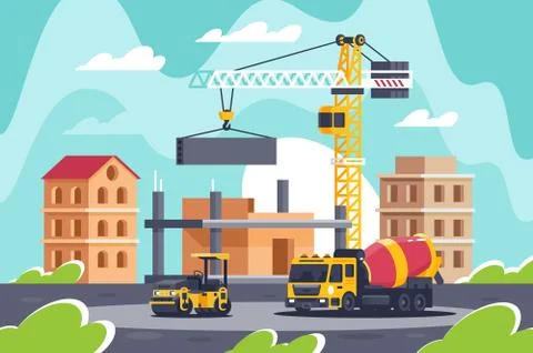 Construction of big building with heavy machinery, concrete mixer, road roller Stock Illustration