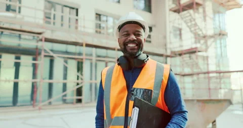 Construction, black man and clipboard, building and inspection, manage work at Vídeos de archivo 236923258