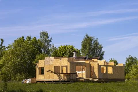 Construction of a block-frame house from blocks Foto stock