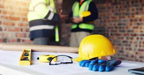 Construction, blueprint and helmet with tools on table for renovation, desi.. Stock Photos