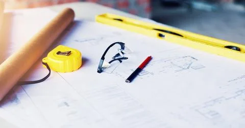 Construction, blueprint or glasses with tools on table for project developm.. Stock Photos