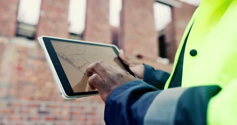 Construction, blueprint or hands on site with tablet screen, floor plan or Vídeos de archivo 336802181