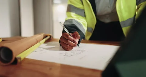 Construction, blueprint or hands on site with sketching, document or floor plan Stock Footage 341588049