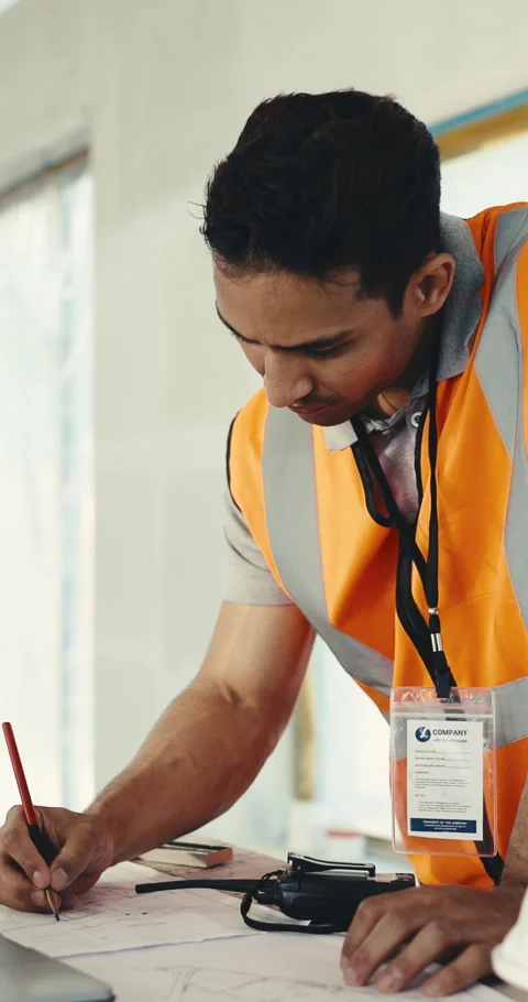 Construction, blueprint or man on site with sketch, project draft or architect Stock Footage 345551549