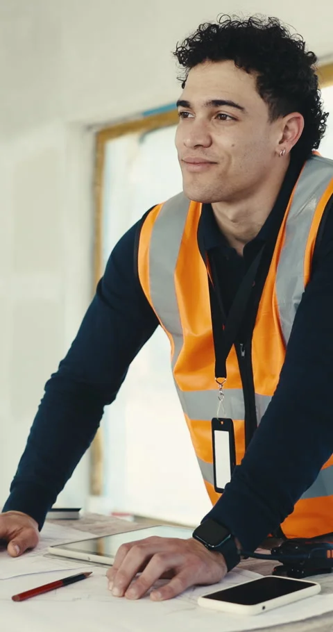 Construction, blueprint or man with thinking, project reflection or layout Stock Footage 345582334