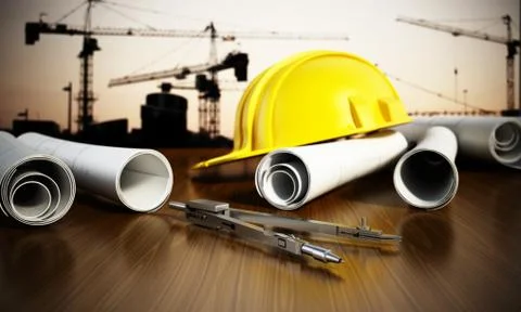 Construction blueprints, hardhat and tools on the table Stock Illustration