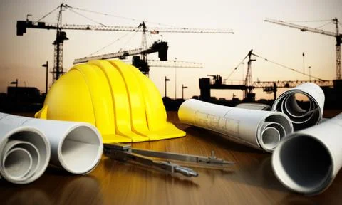 Construction blueprints, hardhat and tools on the table Stock Illustration