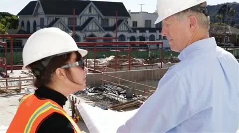 Construction Boss in Discussion with Worker Over Shoulder Shot Stock Footage 20465032