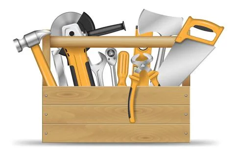 Construction box with hand tools, repair kit, vector illustration. Stock Illustration