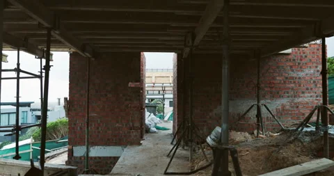Construction, brick wall or empty building at site, work in progress or steel Stock Footage 336802431