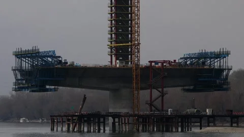 Construction of bridge across Danube Video stock 328124234