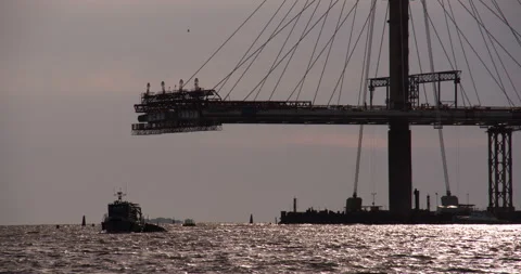 Construction of a Bridge Across the Strait 4K Stock Footage 141249609