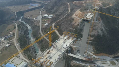 Construction of bridge of a new highway through the Moraca canyon in Montenegro Stock Footage 100748500