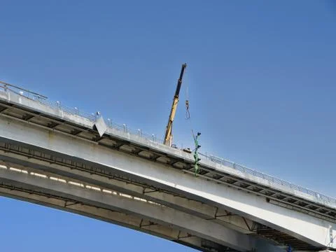 Construction of a bridge over the Don River. Rostov on Don citu, Russia. Summ Foto stock