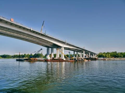 Construction of a bridge over the Don River. Rostov on Don citu, Russia. Summ Stock Photos