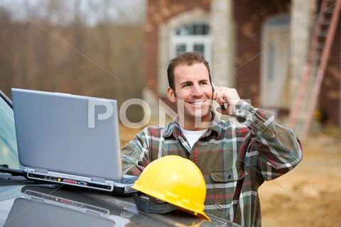 Construction: builder getting good news Stock Photos