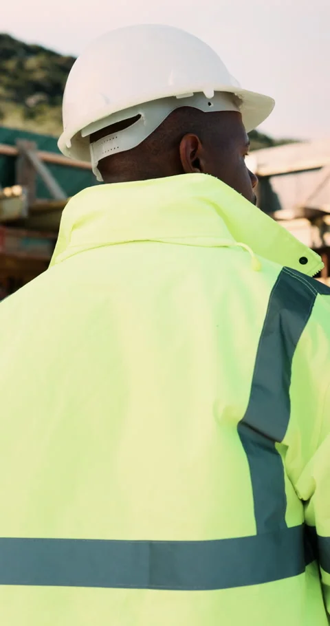 Construction, building and back of black man with reflection, inspiration and Stock Footage 336241246