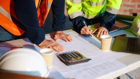 Construction, building and hands of men with blueprint for planning, layout and 스톡 사진
