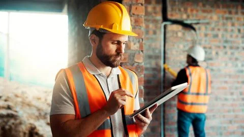 Construction, building and man on tablet for inspection, online evaluation and Stock Photos