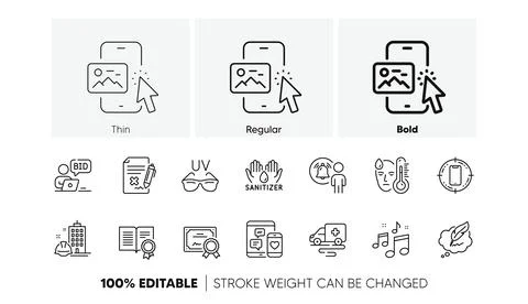 Construction building, Copyright chat and Phone image line icons. For web app Ilustración de archivo