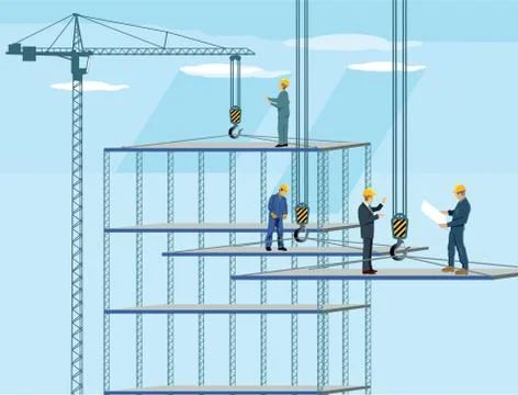Construction building with Crane, workers and architect Stock Illustration
