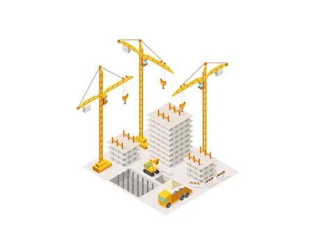 Construction building a house isometric. Lifting crane. Process of construction Stock Illustration