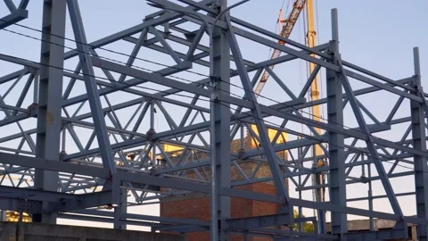 Construction of a building from metal structures. Stock Footage 130691213