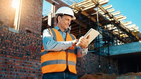 Construction, building or man on tablet for online review, evaluation or Stock Photos