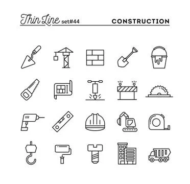Construction, building, project, tools and more, thin line icons set Stock Illustration