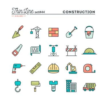 Construction, building, project, tools and more, thin line color icons set Stock Illustration