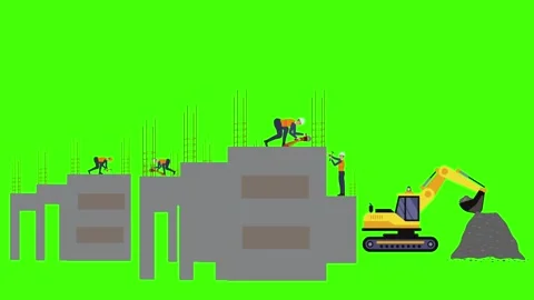 Construction building site animation with workers, green screen Stock Footage 286789550