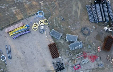 Construction building site materials and tools viewed from above Stock Photos