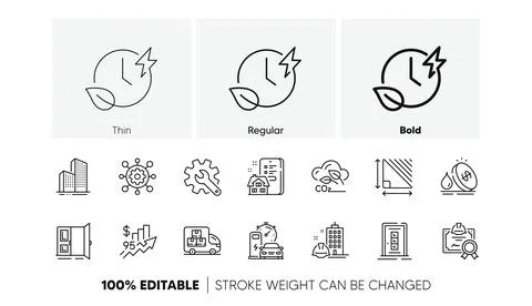 Construction building, Skyscraper buildings and Door line icons. For web app Ilustración de archivo