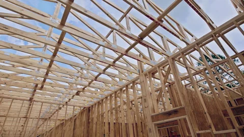 Construction of building structure with wooden beams framing Stock Footage 342664493