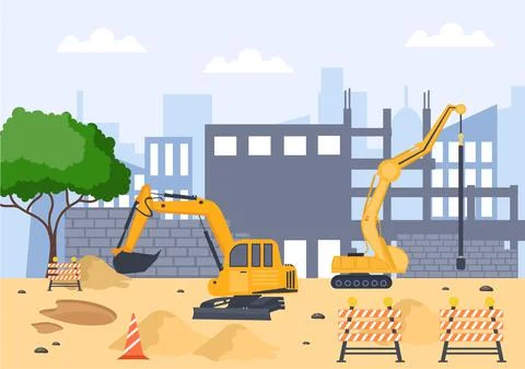 Construction of Building Vector illustration. Architecture Makes Foundation,  イラスト素材