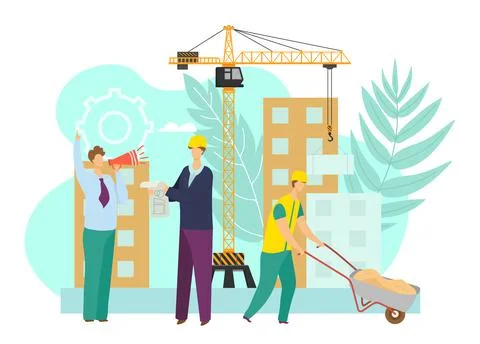 Construction building, vector illustration. Man people character work at Stock Illustration